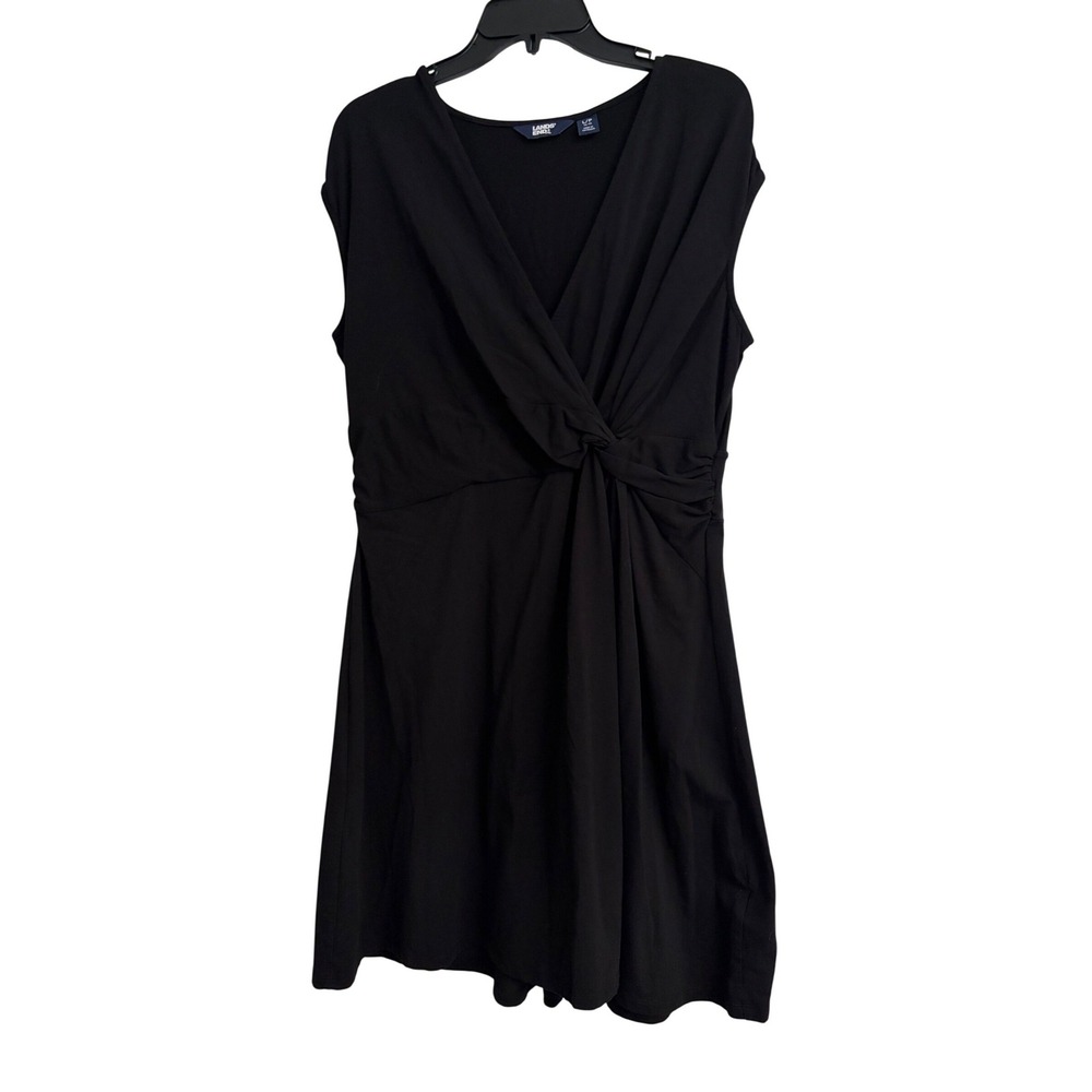 Lands End Black Sleeveless Faux Wrap Knot Front Jersey Dress L/P 14-16 Petite
